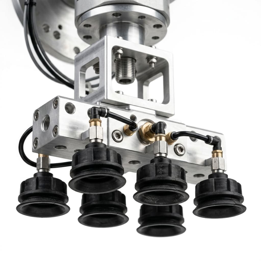 CNC machined EOAT vacuum manifold block with suction cups, fittings, and vacuum tubing