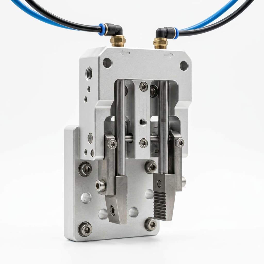 Pneumatic parallel gripper assembly for machined jaw interface planning